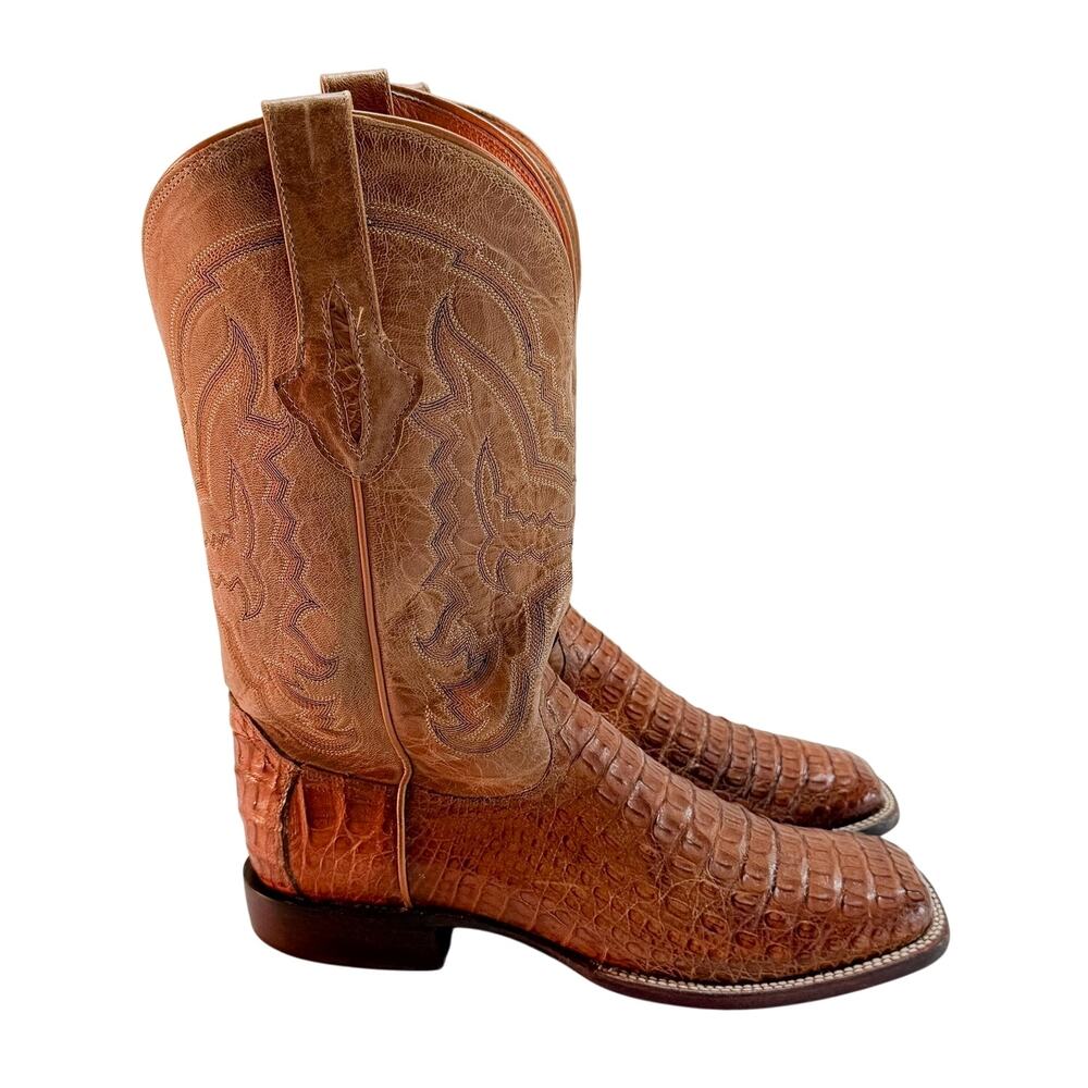 VTG Lucchese Sienna Ultra Bel Caiman Belly Cowboy Boots Mens 10 D Brwn Sq Toe Bx